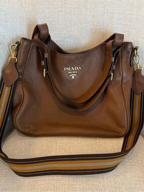 Prada Brown Vitello Daino Leather Shoulder Bag with crossbody strap